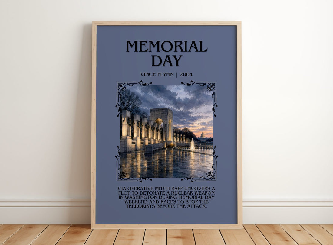 Memorial Day Minimalist Book Poster by Vince Flynn – framed print leaning on a wooden floor