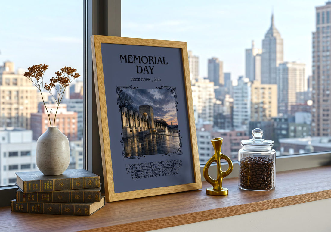 Memorial Day Minimalist Book Poster by Vince Flynn – framed print on a city-view windowsill