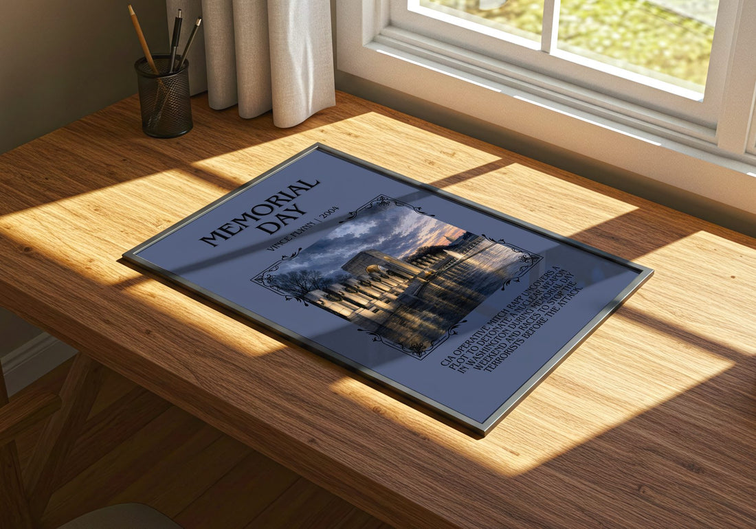 Memorial Day Minimalist Book Poster by Vince Flynn – print on a sunlit desk