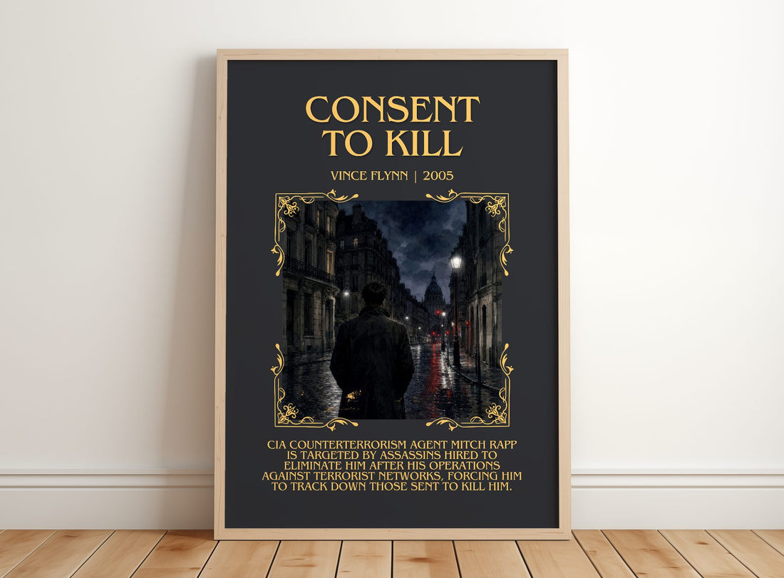 Consent to Kill Minimalist Book Poster by Vince Flynn – framed print leaning on a wooden floor