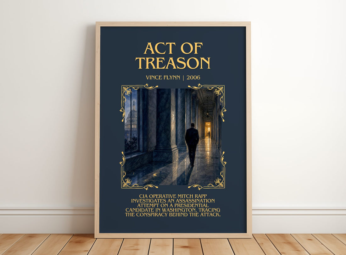 Act of Treason Minimalist Book Poster by Vince Flynn – framed print leaning on a wooden floor