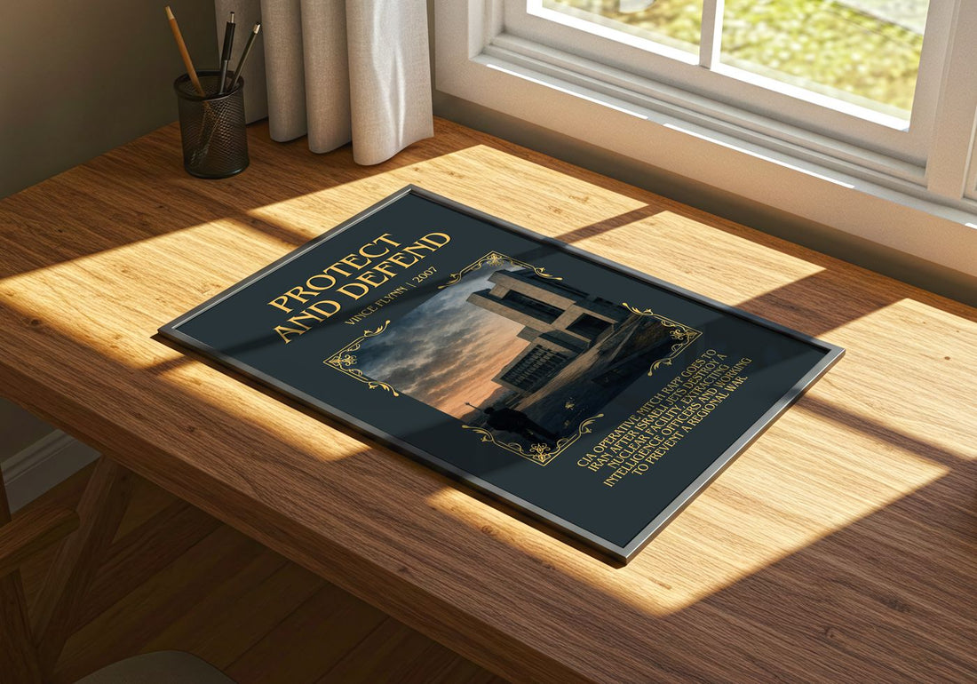Protect and Defend Minimalist Book Poster by Vince Flynn – print on a sunlit desk
