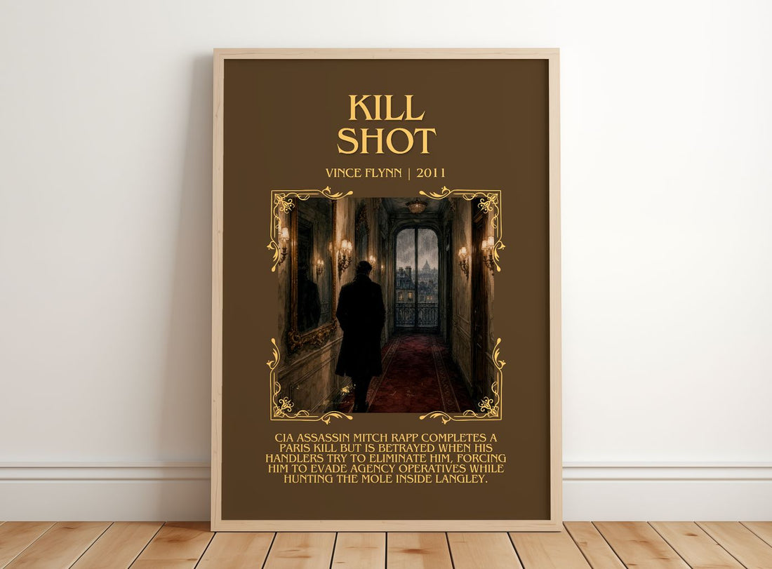Kill Shot Minimalist Book Poster by Vince Flynn – framed print leaning on a wooden floor