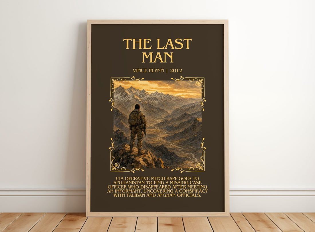 The Last Man Minimalist Book Poster by Vince Flynn – framed print leaning on a wooden floor