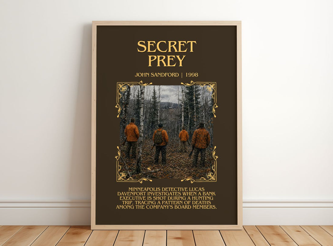 Secret Prey Minimalist Book Poster by John Sandford – framed print leaning on a wooden floor