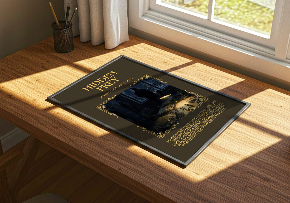 Hidden Prey Minimalist Book Poster by John Sandford – print on a sunlit desk