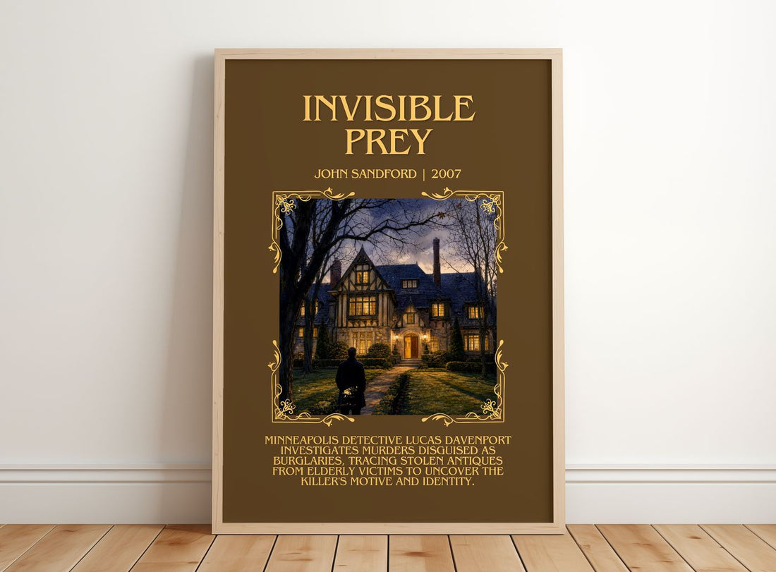 Invisible Prey Minimalist Book Poster by John Sandford – framed print leaning on a wooden floor