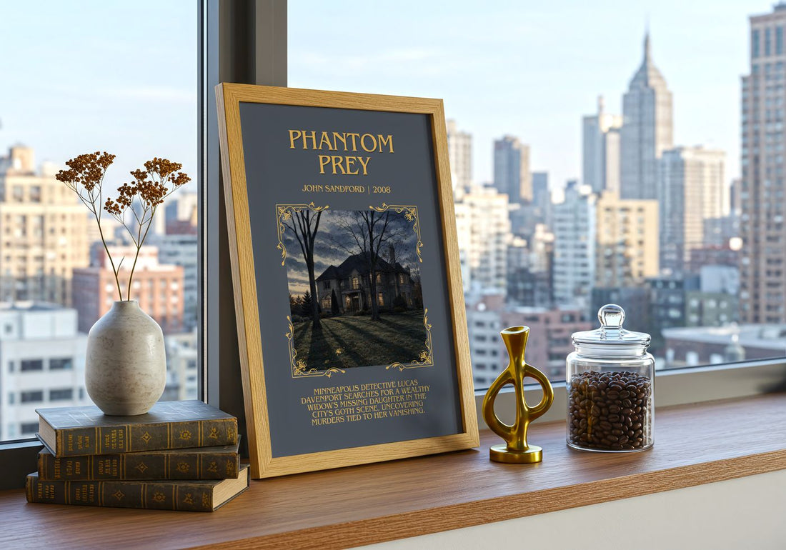 Phantom Prey Minimalist Book Poster by John Sandford – framed print on a city-view windowsill
