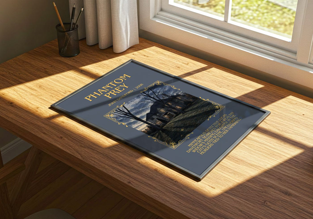 Phantom Prey Minimalist Book Poster by John Sandford – print on a sunlit desk