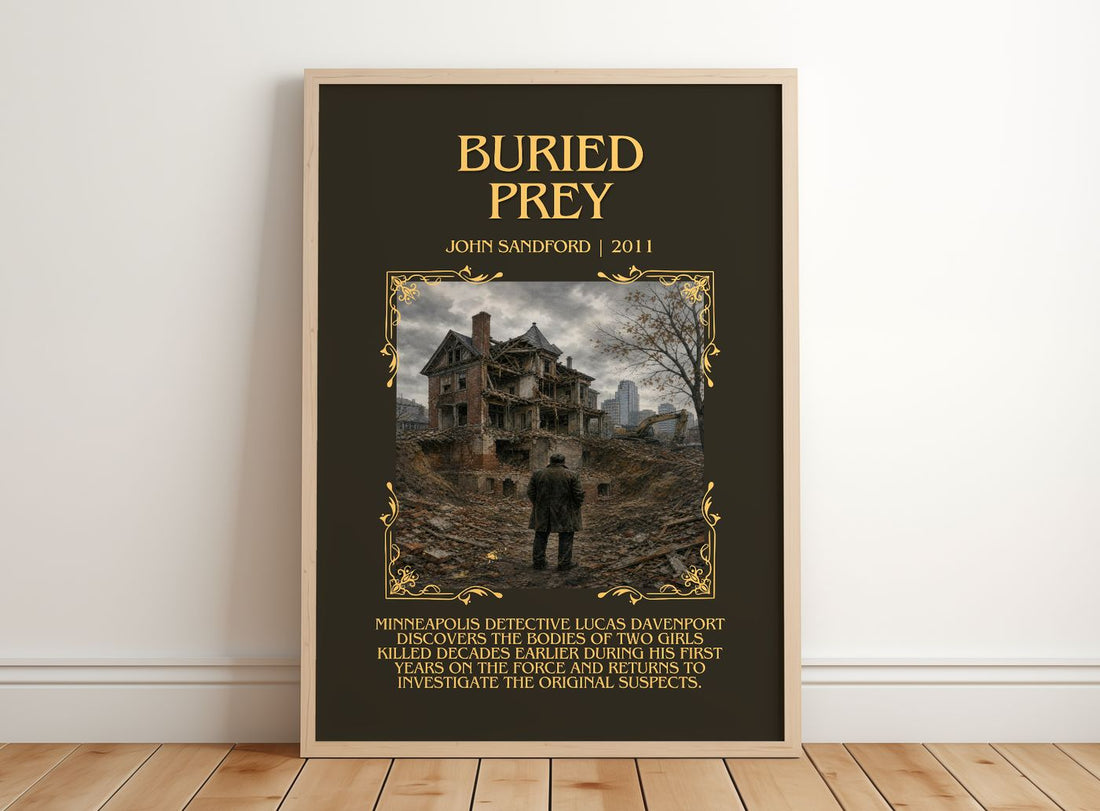 Buried Prey Minimalist Book Poster by John Sandford – framed print leaning on a wooden floor
