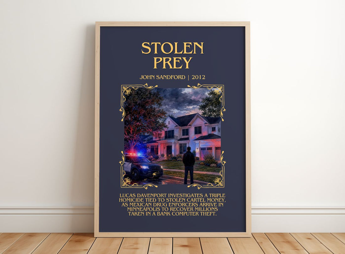 Stolen Prey Minimalist Book Poster by John Sandford – framed print leaning on a wooden floor