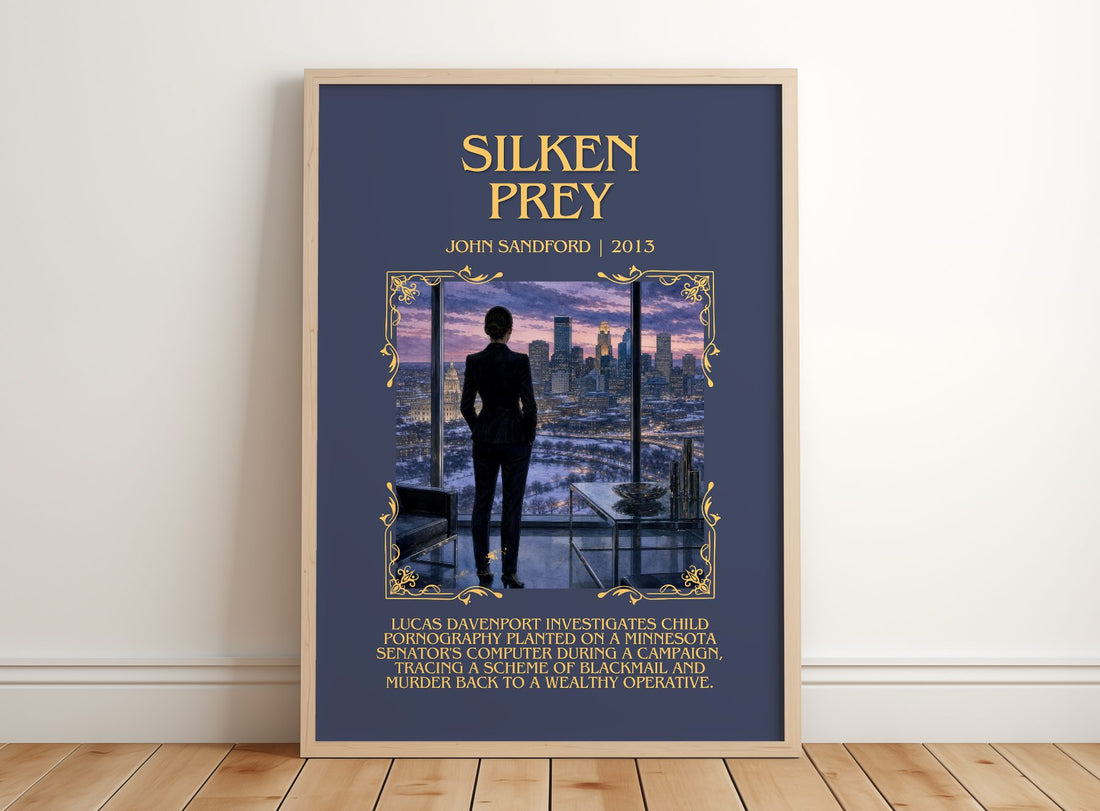 Silken Prey Minimalist Book Poster by John Sandford – framed print leaning on a wooden floor