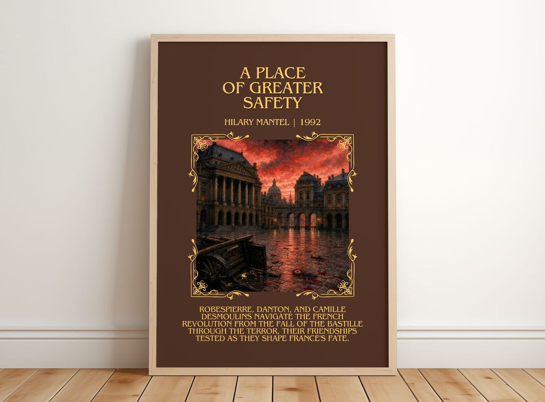 A Place of Greater Safety Minimalist Book Poster by Hilary Mantel – framed print leaning on a wooden floor