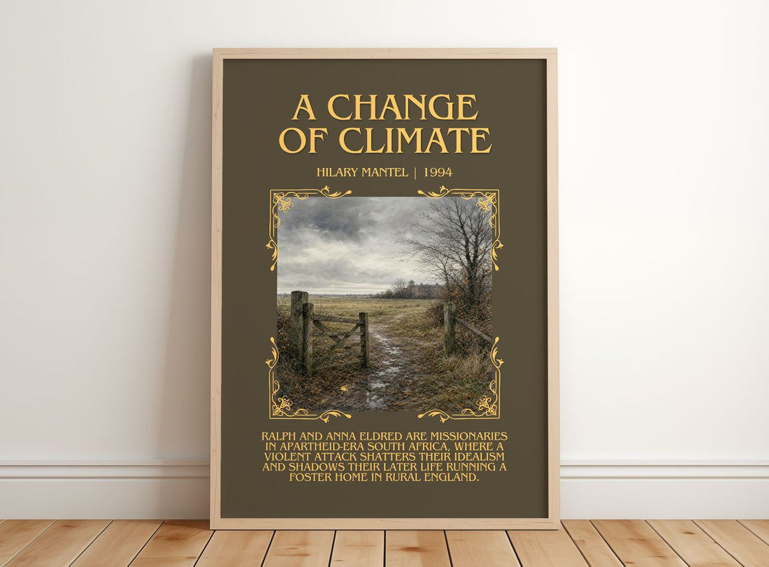 A Change of Climate Minimalist Book Poster by Hilary Mantel – framed print leaning on a wooden floor