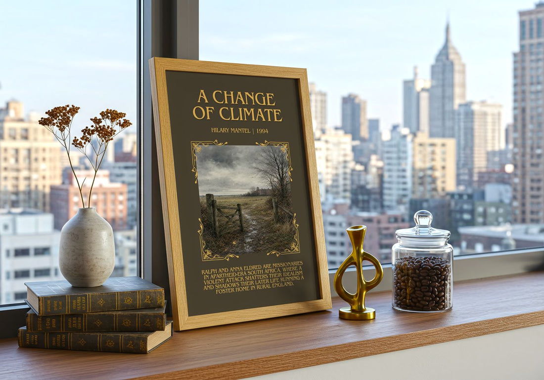A Change of Climate Minimalist Book Poster by Hilary Mantel – framed print on a city-view windowsill