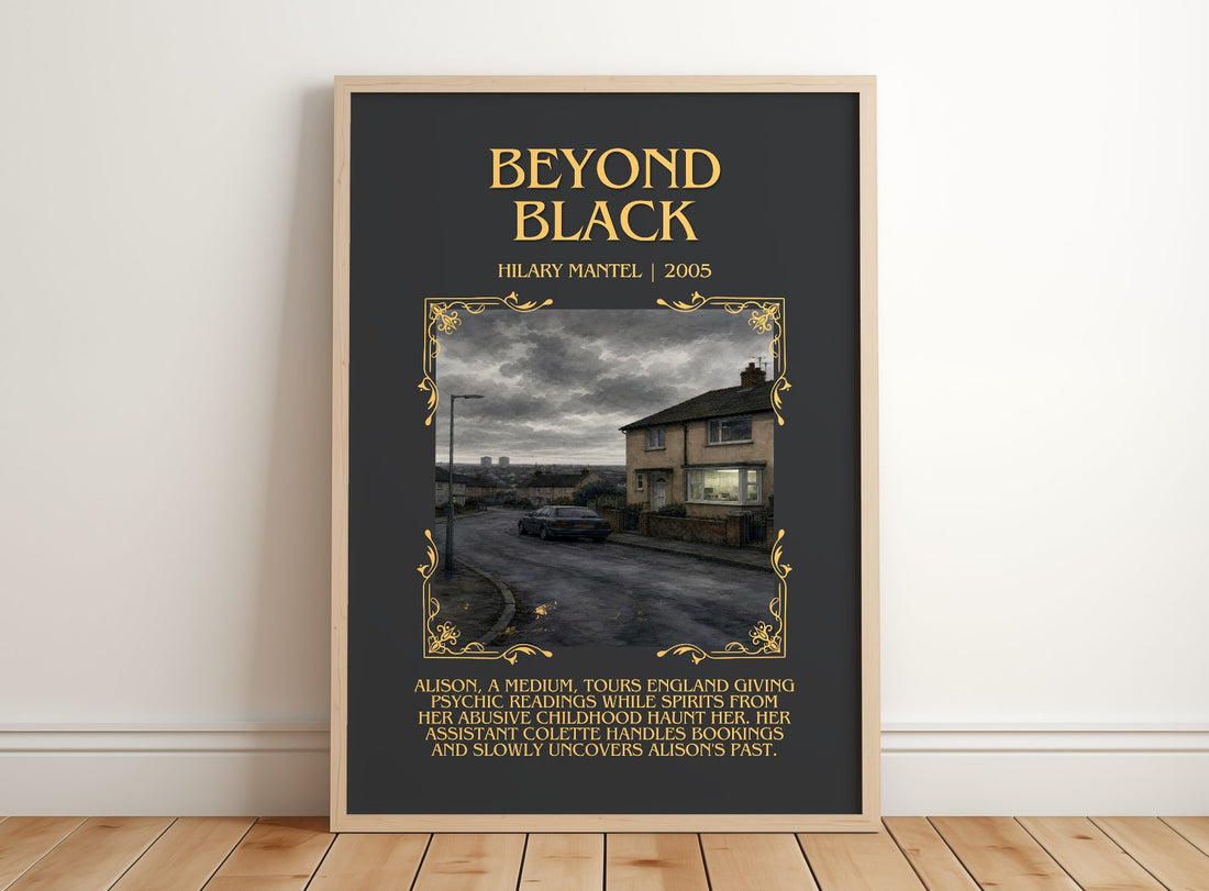 Beyond Black Minimalist Book Poster by Hilary Mantel – framed print leaning on a wooden floor
