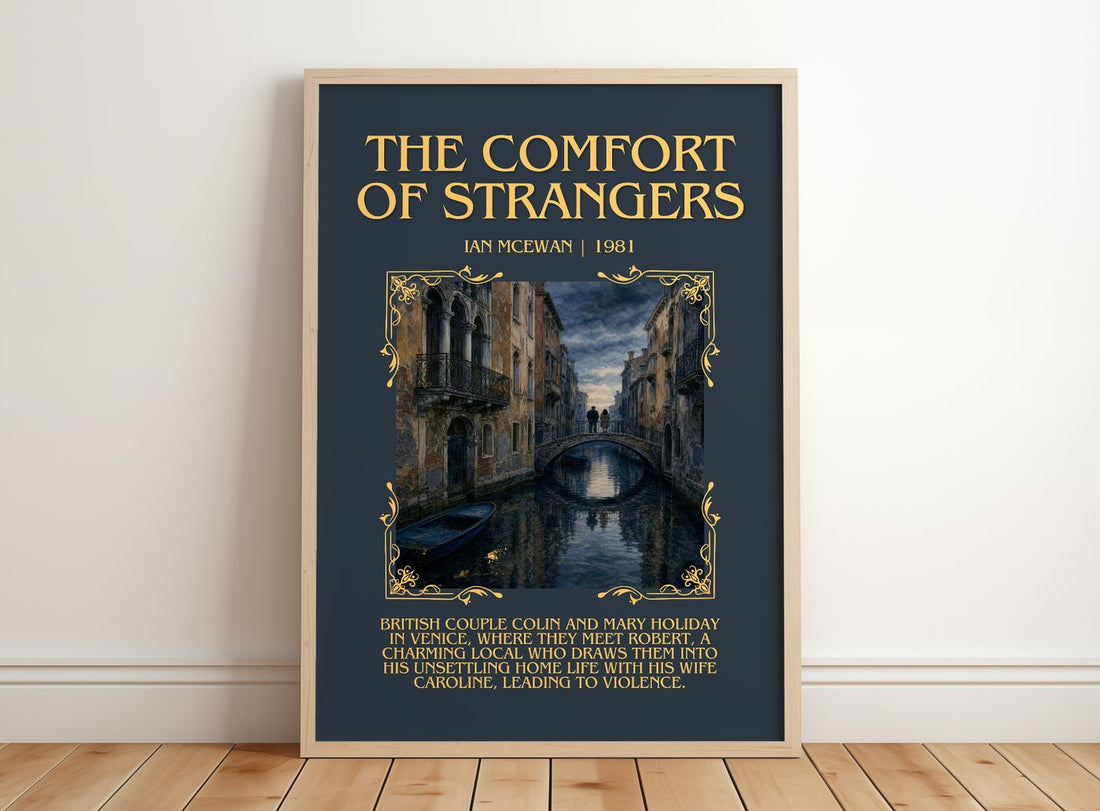 The Comfort of Strangers Minimalist Book Poster by Ian McEwan – framed print leaning on a wooden floor