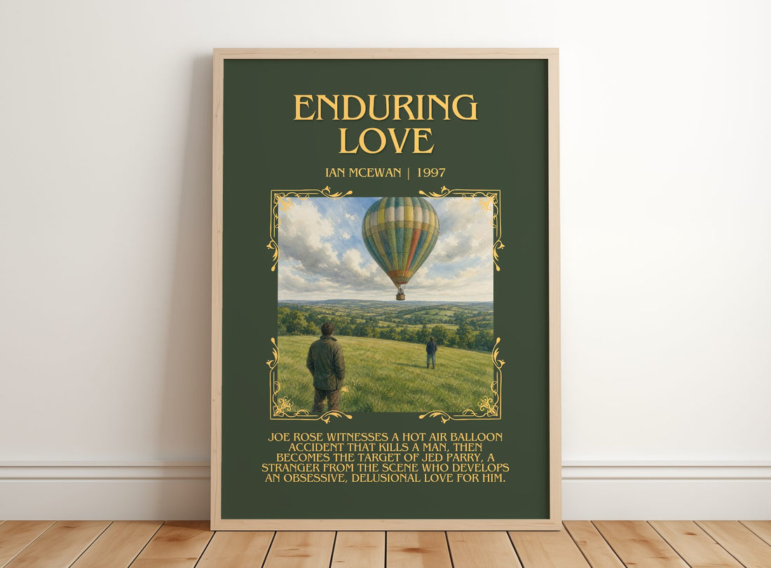 Enduring Love Minimalist Book Poster by Ian McEwan – framed print leaning on a wooden floor