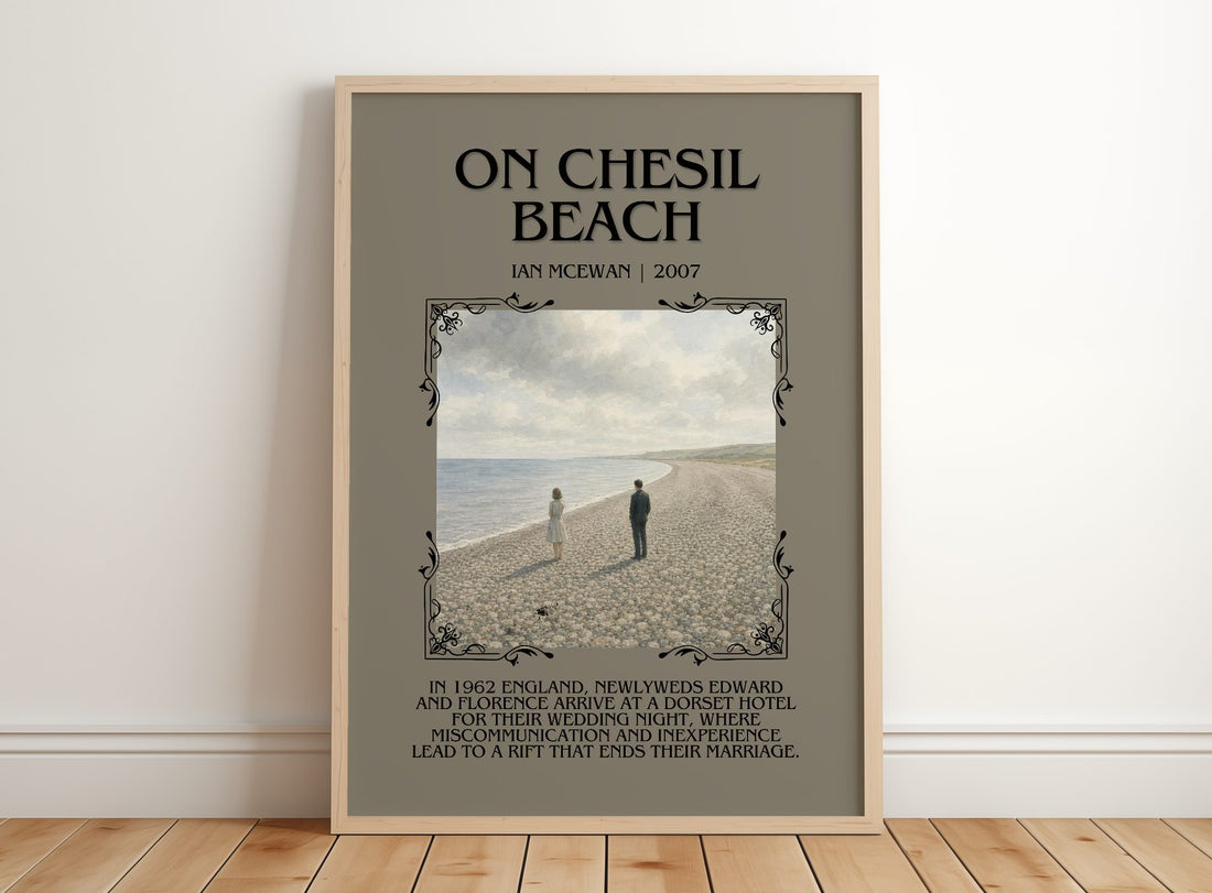 On Chesil Beach Minimalist Book Poster by Ian McEwan – framed print leaning on a wooden floor