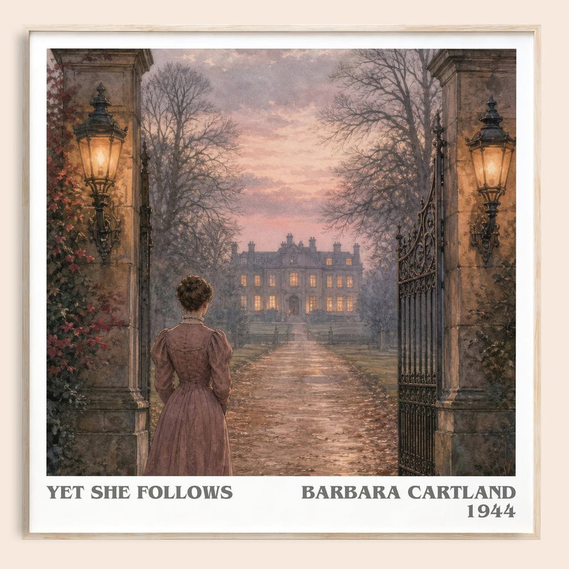 Yet She Follows literary book poster by Barbara Cartland – framed literary art print