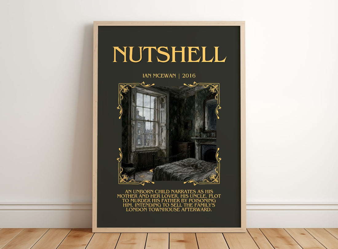 Nutshell Minimalist Book Poster by Ian McEwan – framed print leaning on a wooden floor