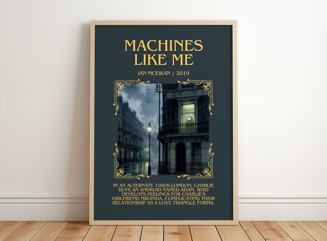 Machines Like Me Minimalist Book Poster by Ian McEwan – framed print leaning on a wooden floor