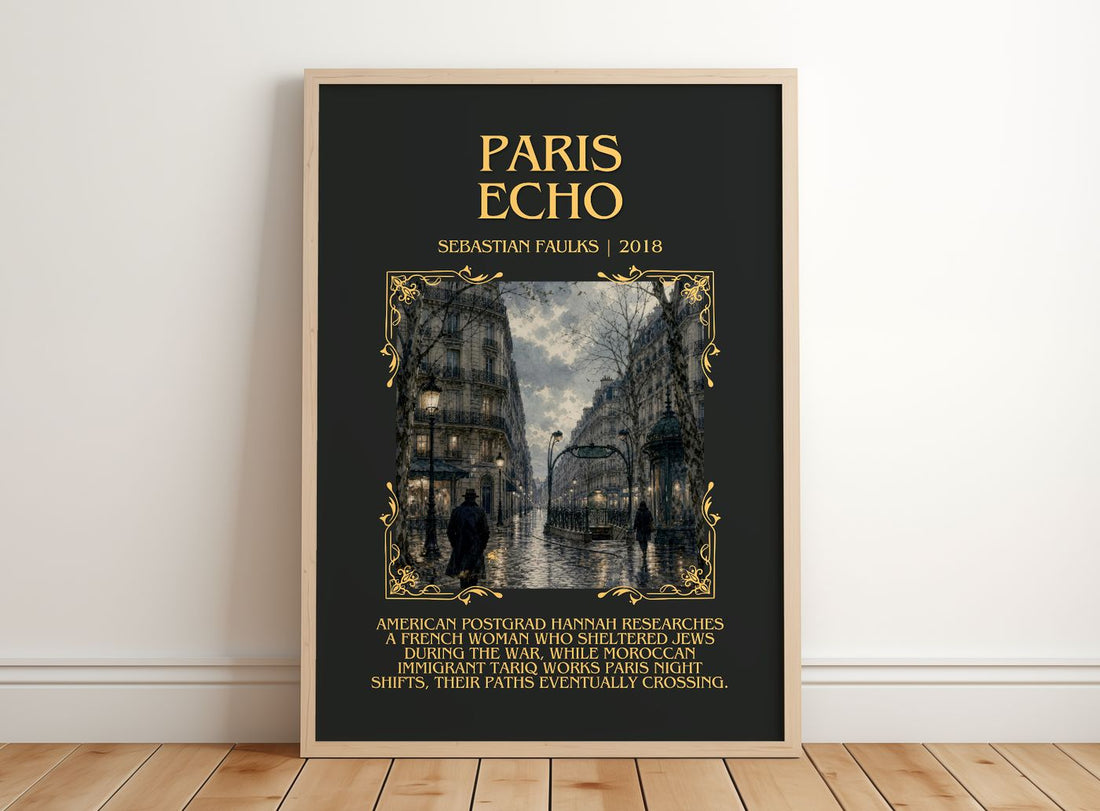 Paris Echo Minimalist Book Poster by Sebastian Faulks – framed print leaning on a wooden floor