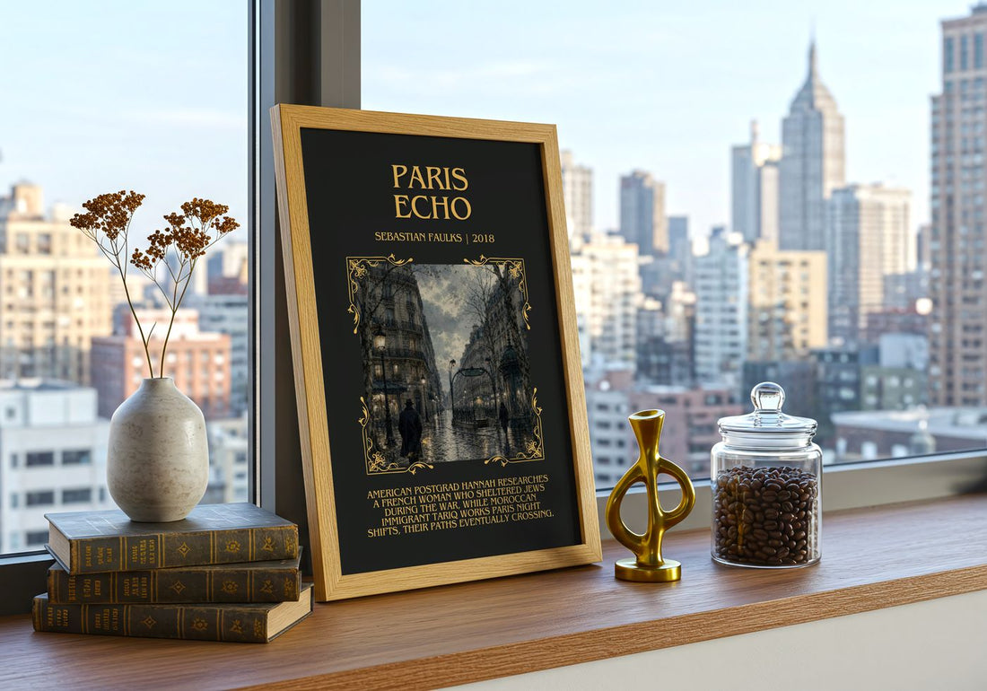 Paris Echo Minimalist Book Poster by Sebastian Faulks – framed print on a city-view windowsill