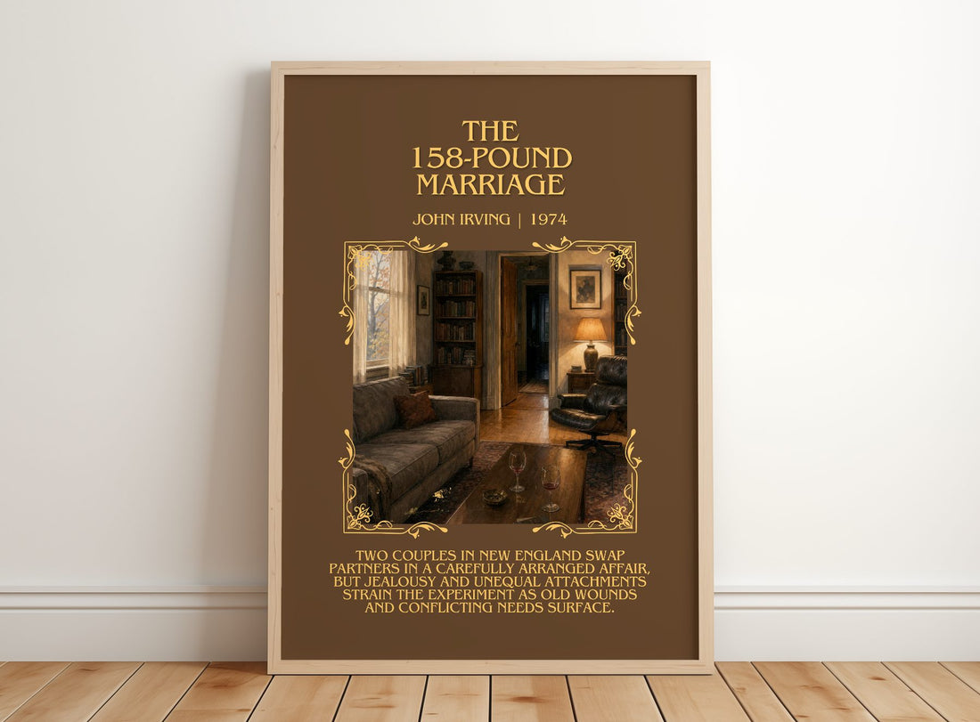 The 158-Pound Marriage Minimalist Book Poster by John Irving – framed print leaning on a wooden floor
