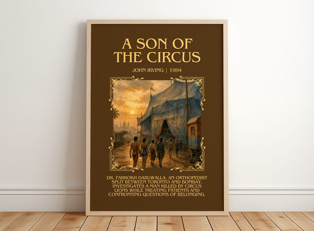 A Son of the Circus Minimalist Book Poster by John Irving – framed print leaning on a wooden floor