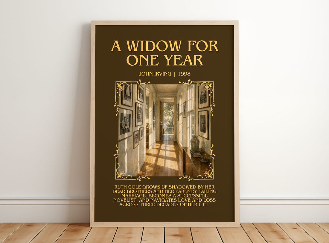 A Widow for One Year Minimalist Book Poster by John Irving – framed print leaning on a wooden floor
