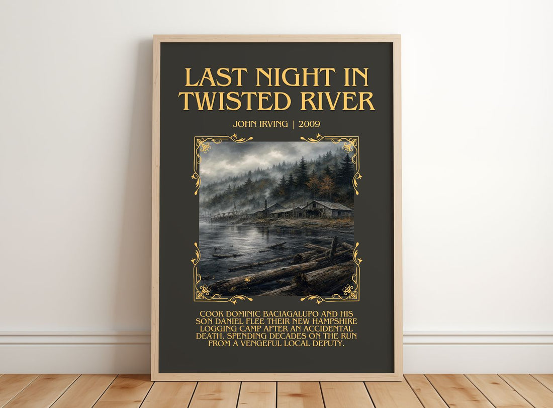 Last Night in Twisted River Minimalist Book Poster by John Irving – framed print leaning on a wooden floor