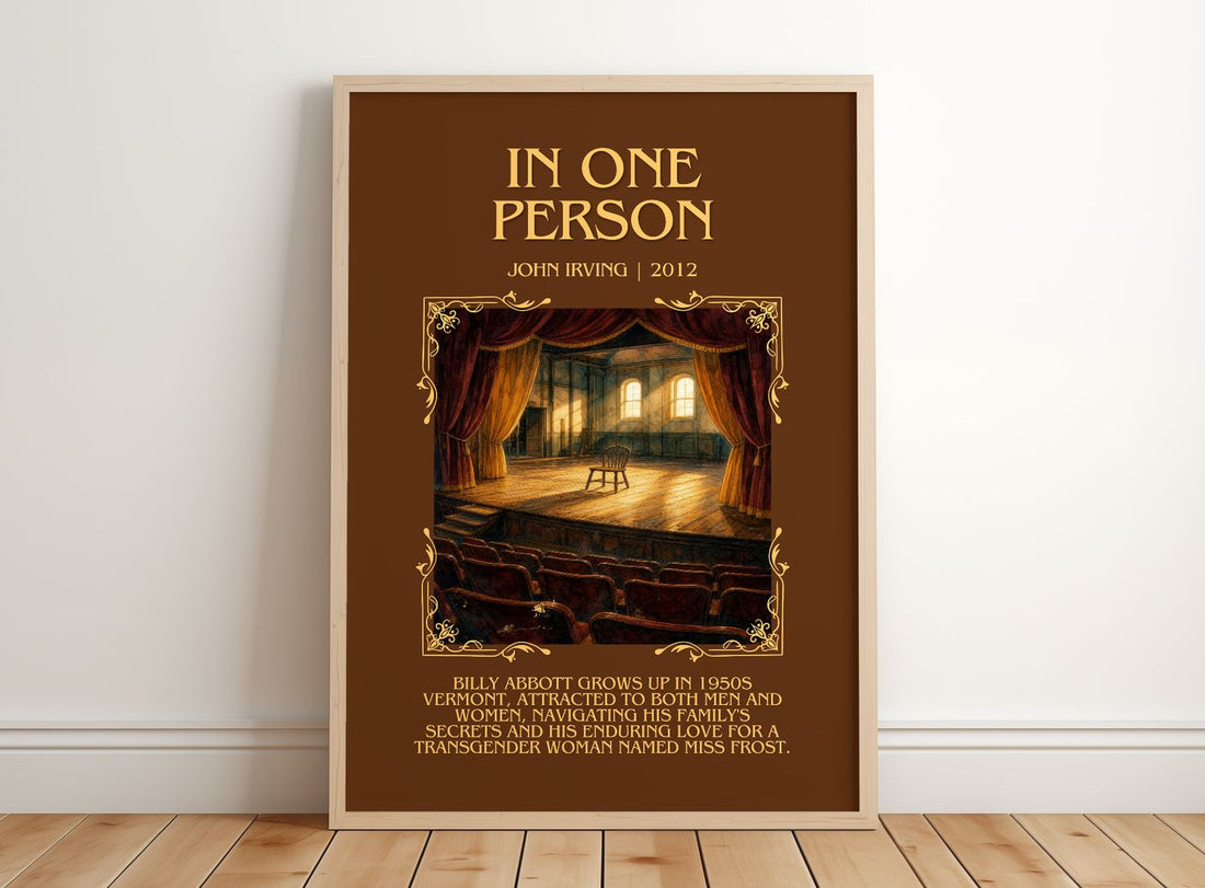 In One Person Minimalist Book Poster by John Irving – framed print leaning on a wooden floor