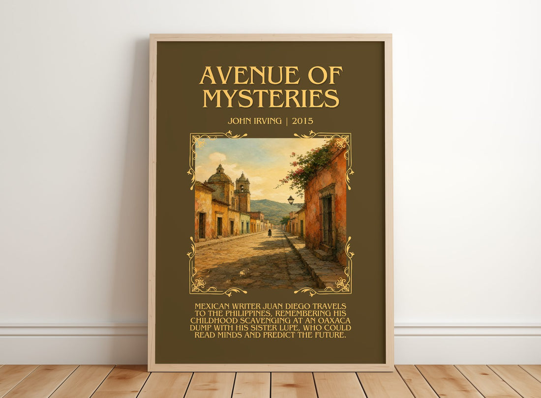 Avenue of Mysteries Minimalist Book Poster by John Irving – framed print leaning on a wooden floor
