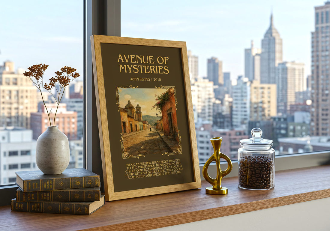 Avenue of Mysteries Minimalist Book Poster by John Irving – framed print on a city-view windowsill