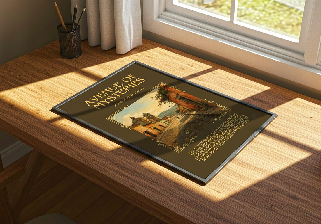 Avenue of Mysteries Minimalist Book Poster by John Irving – print on a sunlit desk