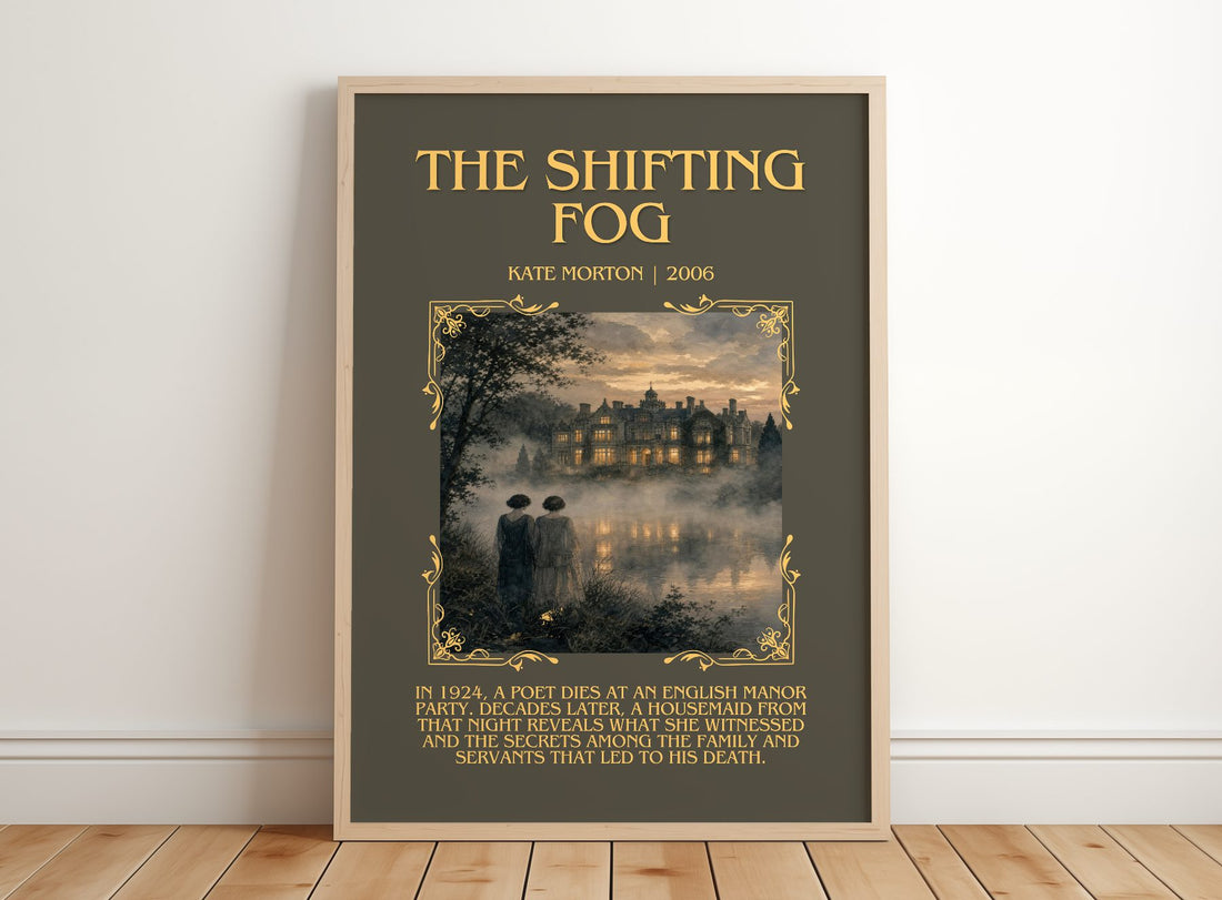 The Shifting Fog Minimalist Book Poster by Kate Morton – framed print leaning on a wooden floor