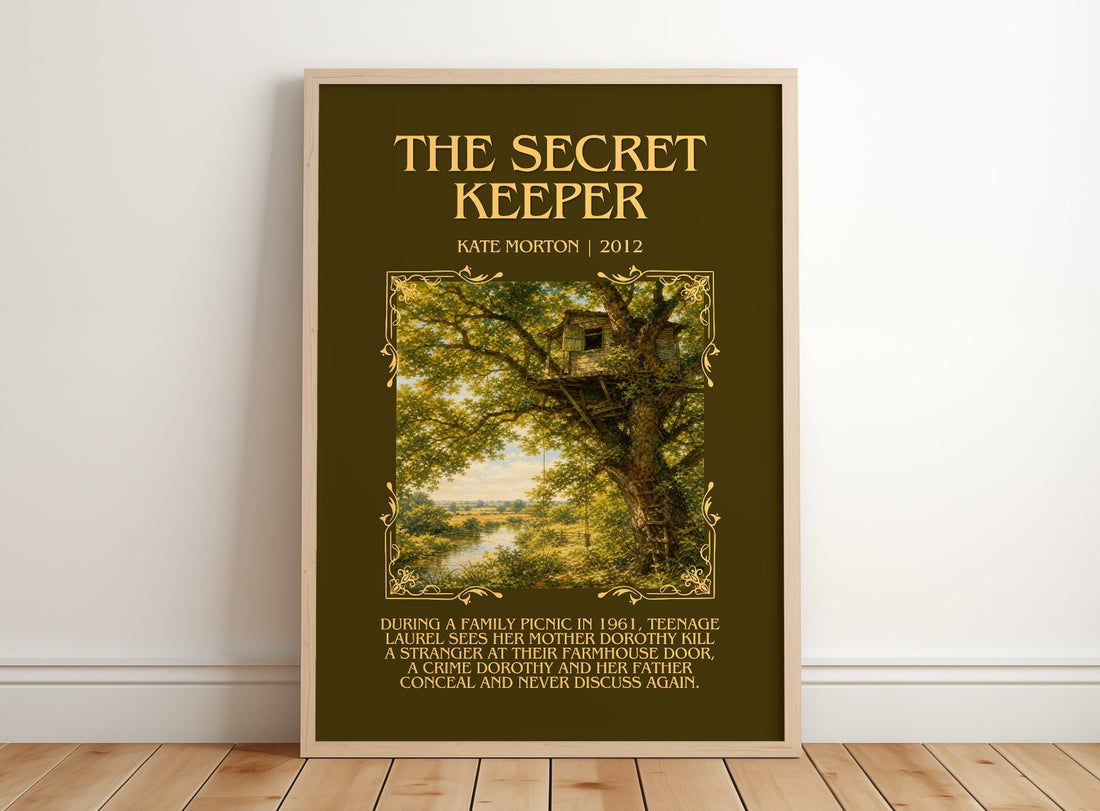 The Secret Keeper Minimalist Book Poster by Kate Morton – framed print leaning on a wooden floor
