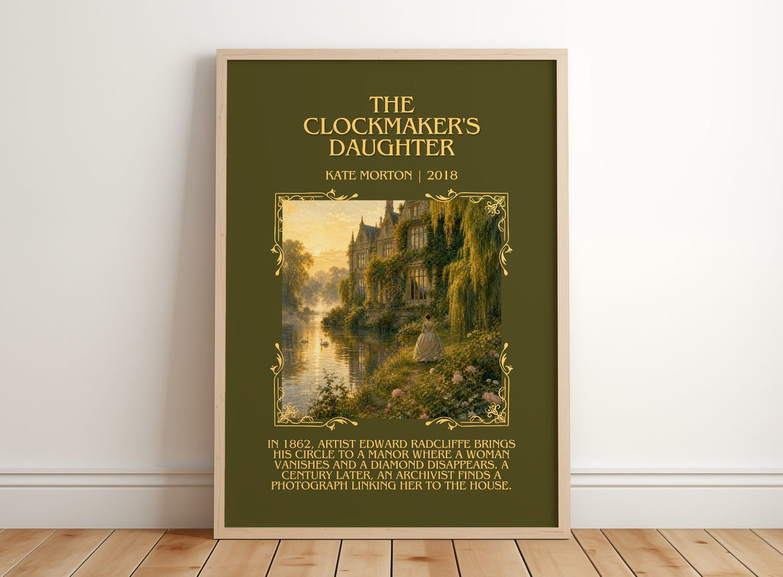The Clockmaker's Daughter Minimalist Book Poster by Kate Morton – framed print leaning on a wooden floor