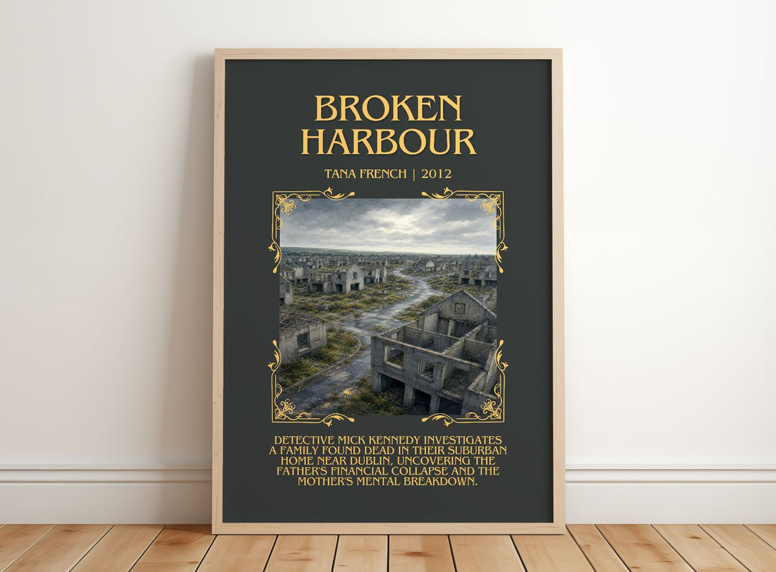 Broken Harbour Minimalist Book Poster by Tana French – framed print leaning on a wooden floor