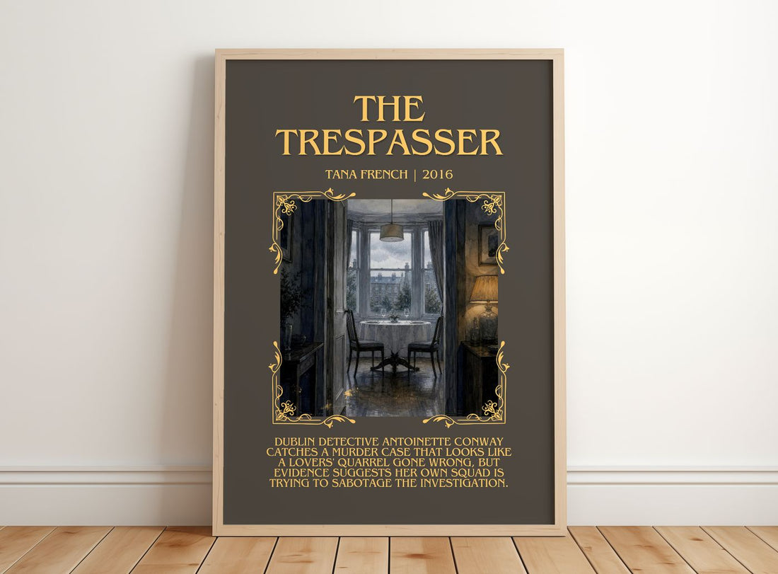 The Trespasser Minimalist Book Poster by Tana French – framed print leaning on a wooden floor