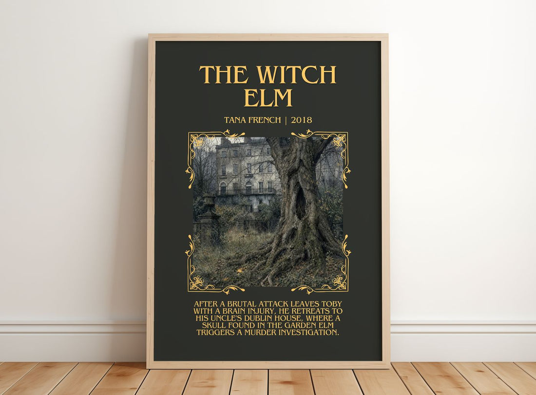 The Witch Elm Minimalist Book Poster by Tana French – framed print leaning on a wooden floor