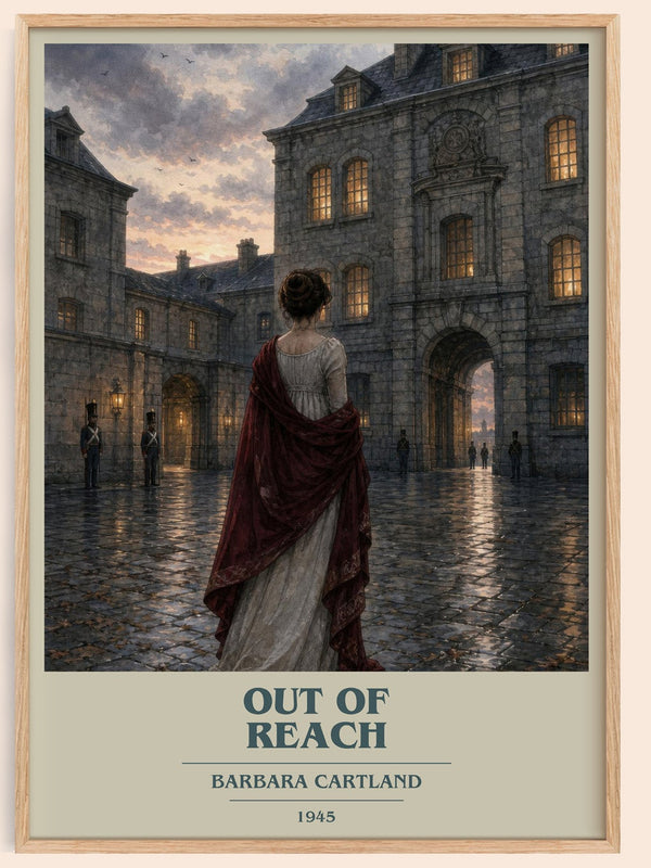 Out Of Reach book cover book poster by Barbara Cartland – framed literary art print