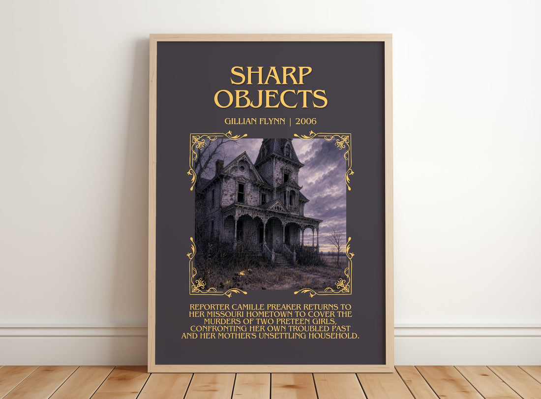 Sharp Objects Minimalist Book Poster by Gillian Flynn – framed print leaning on a wooden floor