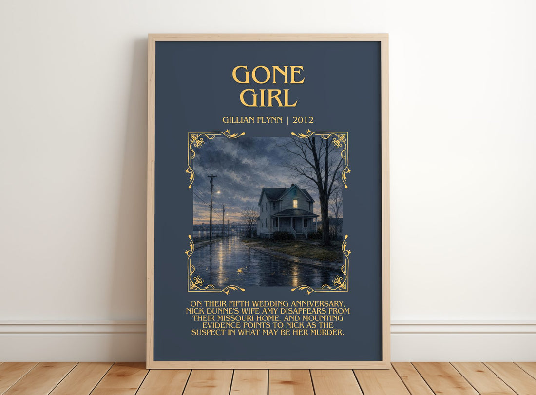 Gone Girl Minimalist Book Poster by Gillian Flynn – framed print leaning on a wooden floor