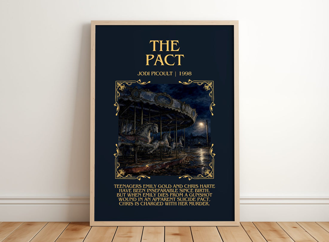 The Pact Minimalist Book Poster by Jodi Picoult – framed print leaning on a wooden floor