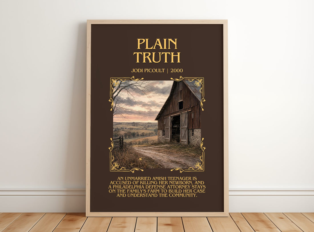 Plain Truth Minimalist Book Poster by Jodi Picoult – framed print leaning on a wooden floor