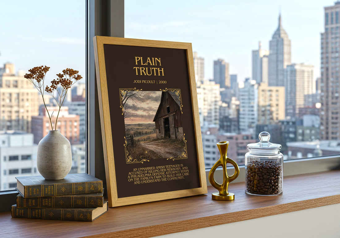Plain Truth Minimalist Book Poster by Jodi Picoult – framed print on a city-view windowsill