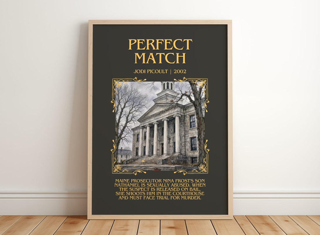 Perfect Match Minimalist Book Poster by Jodi Picoult – framed print leaning on a wooden floor