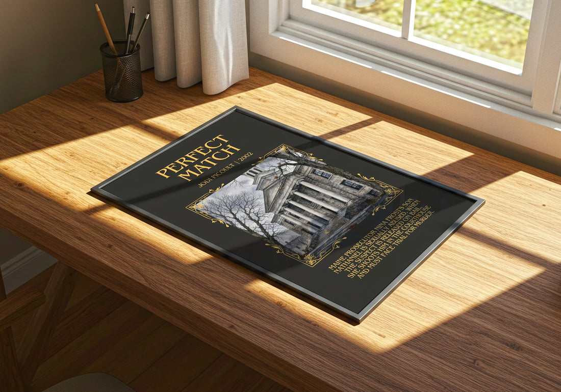 Perfect Match Minimalist Book Poster by Jodi Picoult – print on a sunlit desk